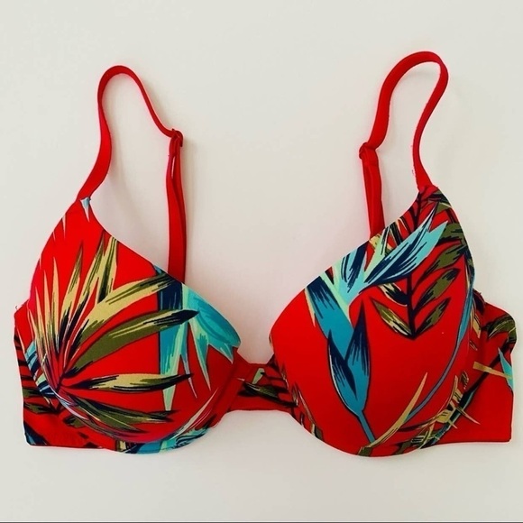 PINK Victoria’s Secret Wear Everywhere Push-Up Bra‎ 32B Red Tropical Palm Print - Picture 1 of 9